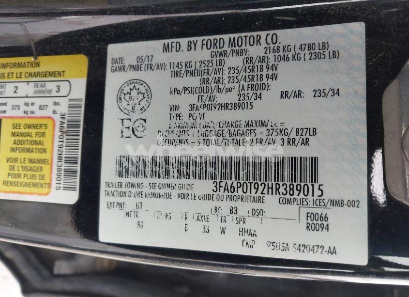 Photo 9 of 2017 Ford Fusion SE (VIN 3FA6P0T92HR389015)