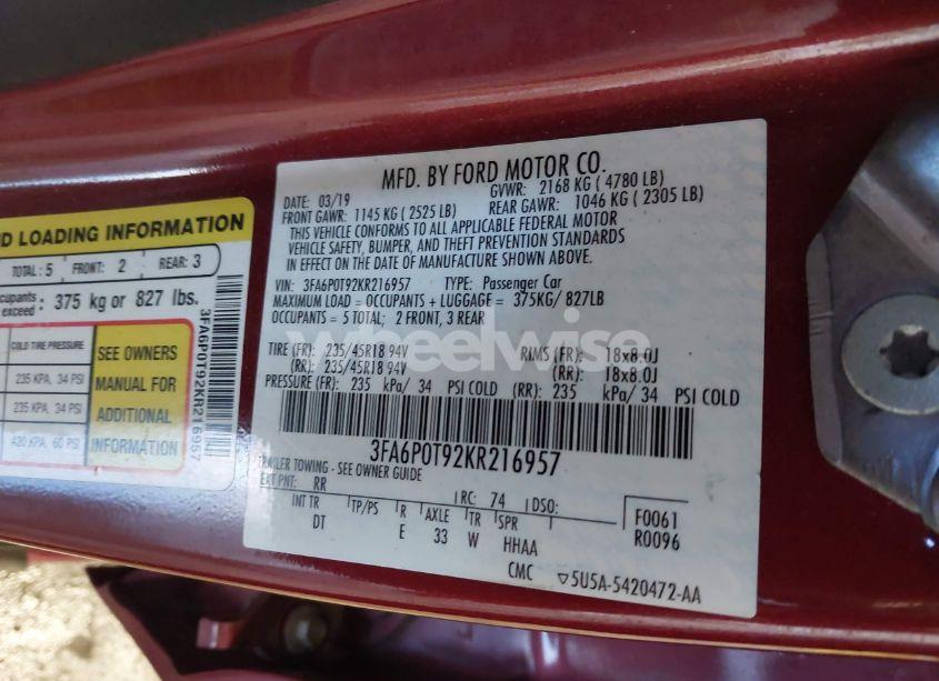 Photo 9 of 2019 Ford Fusion SE (VIN 3FA6P0T92KR216957)