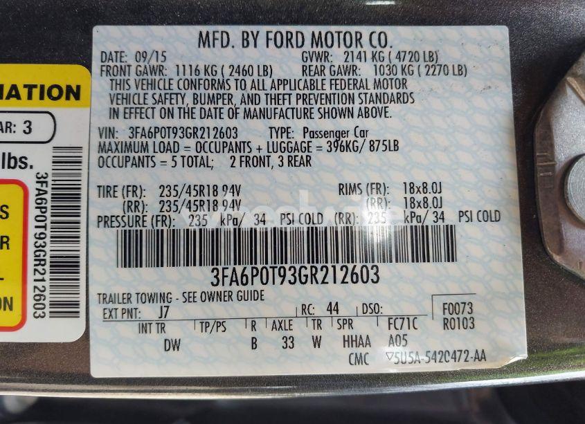 Photo 9 of 2016 Ford Fusion SE (VIN 3FA6P0T93GR212603)