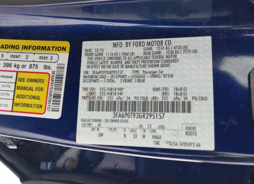 Photo 9 of 2016 Ford Fusion SE (VIN 3FA6P0T93GR295157)