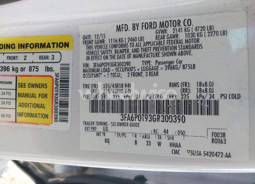 Photo 9 of 2016 Ford Fusion SE (VIN 3FA6P0T93GR300390)