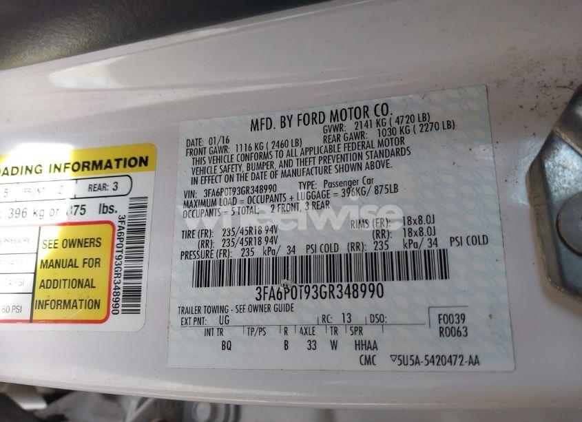 Photo 9 of 2016 Ford Fusion SE (VIN 3FA6P0T93GR348990)