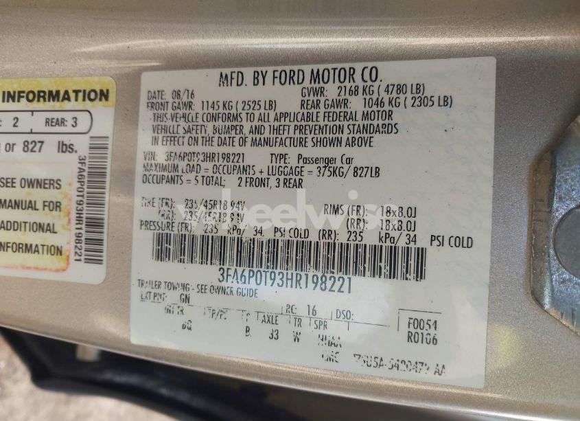 Photo 9 of 2017 Ford Fusion SE (VIN 3FA6P0T93HR198221)