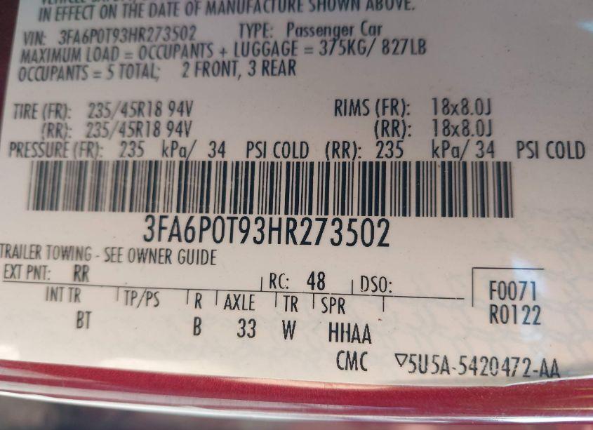 Photo 9 of 2017 Ford Fusion SE (VIN 3FA6P0T93HR273502)