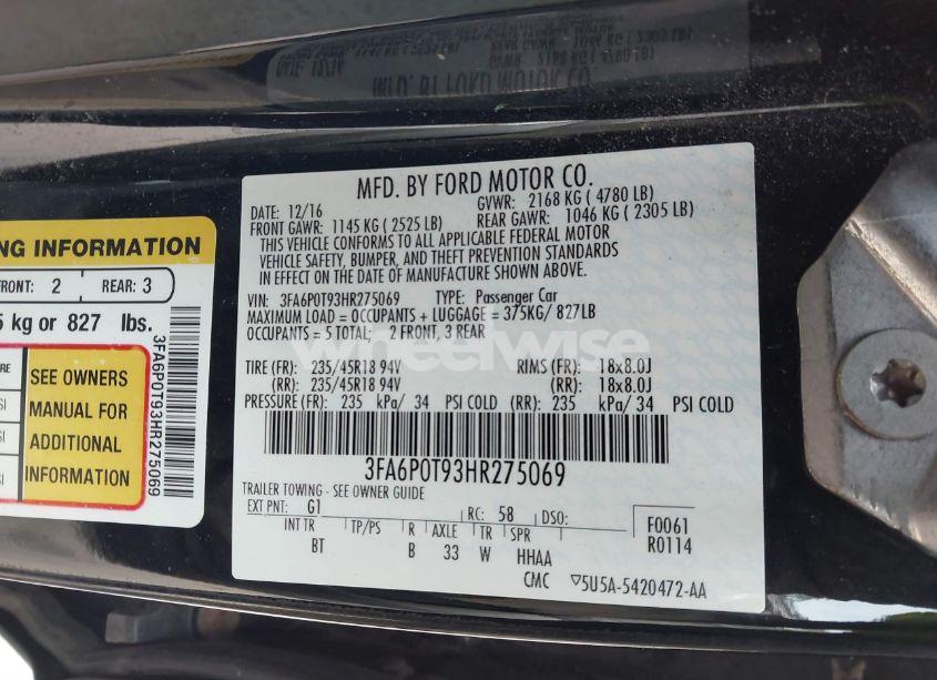 Photo 9 of 2017 Ford Fusion SE (VIN 3FA6P0T93HR275069)