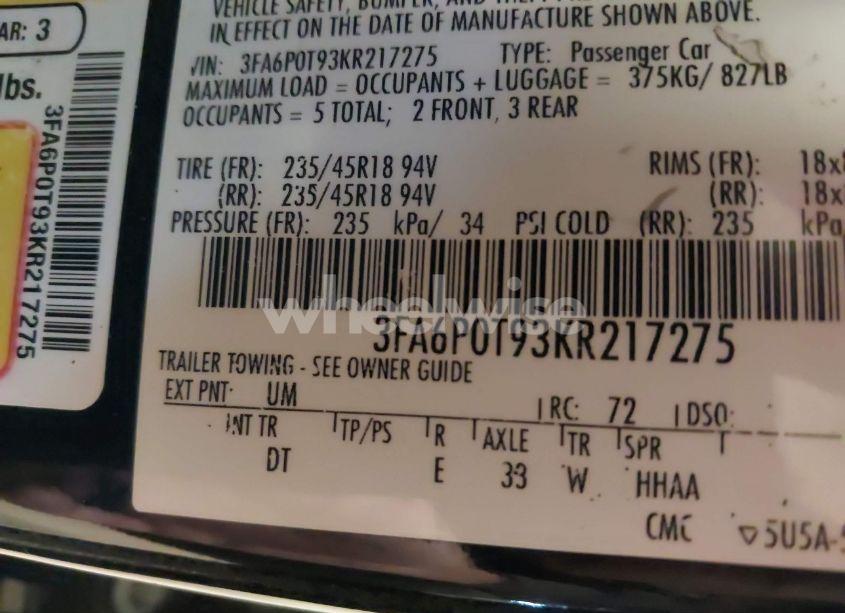 Photo 9 of 2019 Ford Fusion SE (VIN 3FA6P0T93KR217275)