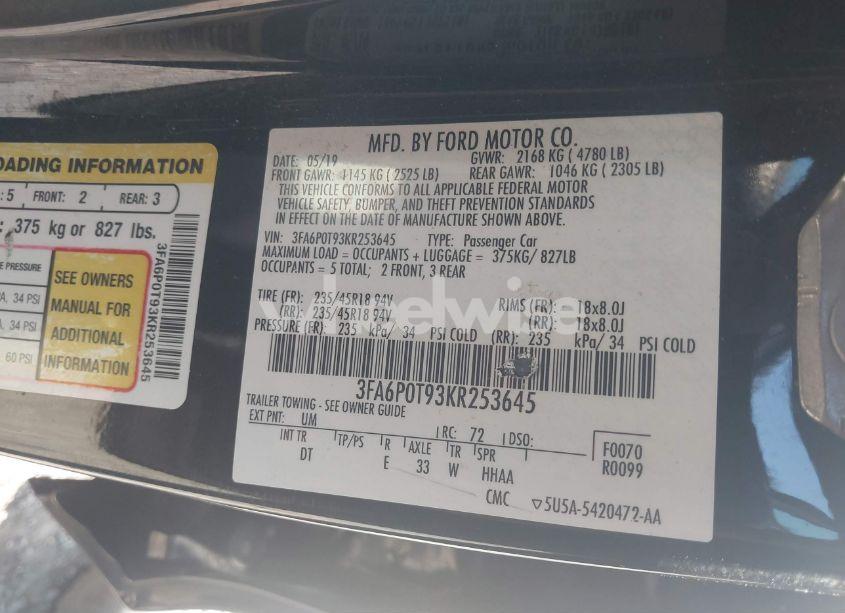 Photo 9 of 2019 Ford Fusion SE (VIN 3FA6P0T93KR253645)