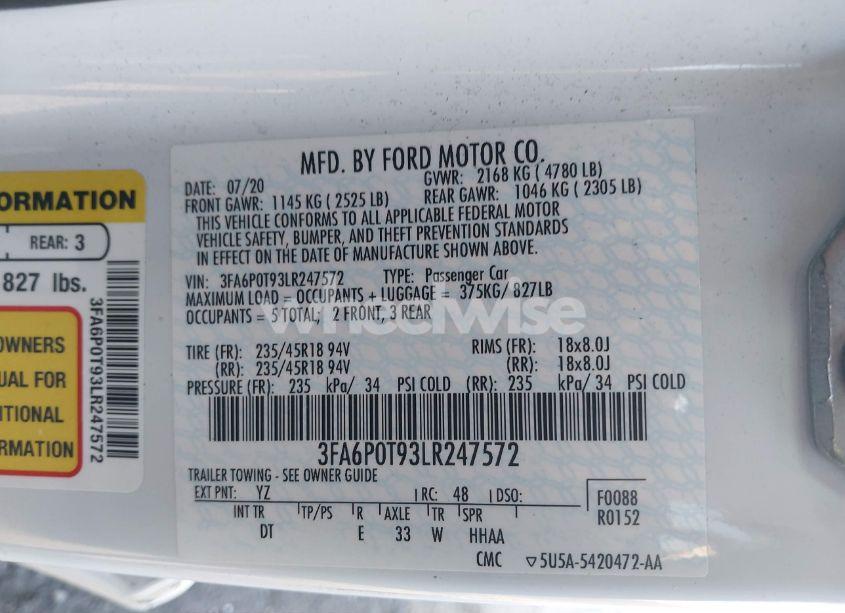 Photo 9 of 2020 Ford Fusion SE (VIN 3FA6P0T93LR247572)