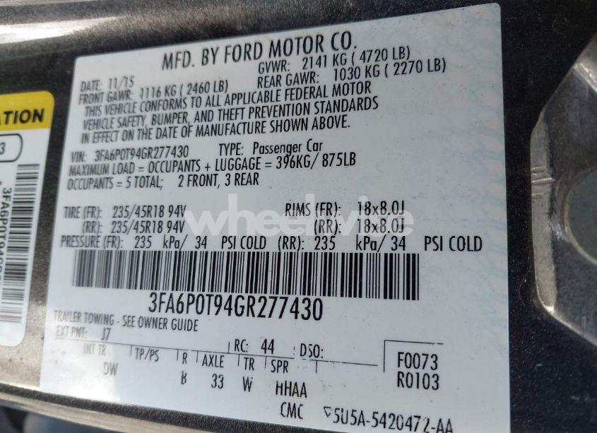 Photo 9 of 2016 Ford Fusion SE (VIN 3FA6P0T94GR277430)