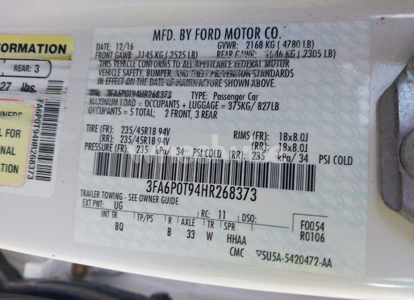 Photo 9 of 2017 Ford Fusion SE (VIN 3FA6P0T94HR268373)