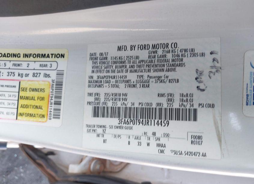 Photo 9 of 2018 Ford Fusion SE (VIN 3FA6P0T94JR114459)