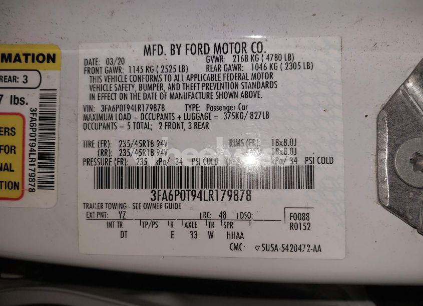 Photo 9 of 2020 Ford Fusion SE (VIN 3FA6P0T94LR179878)