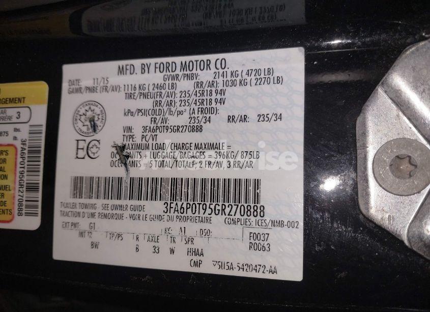 Photo 9 of 2016 Ford Fusion SE (VIN 3FA6P0T95GR270888)