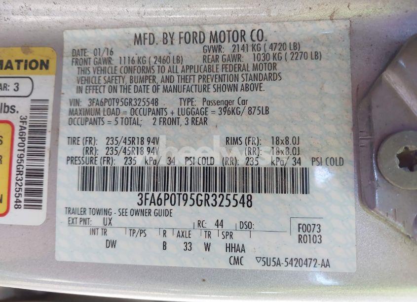 Photo 9 of 2016 Ford Fusion SE (VIN 3FA6P0T95GR325548)