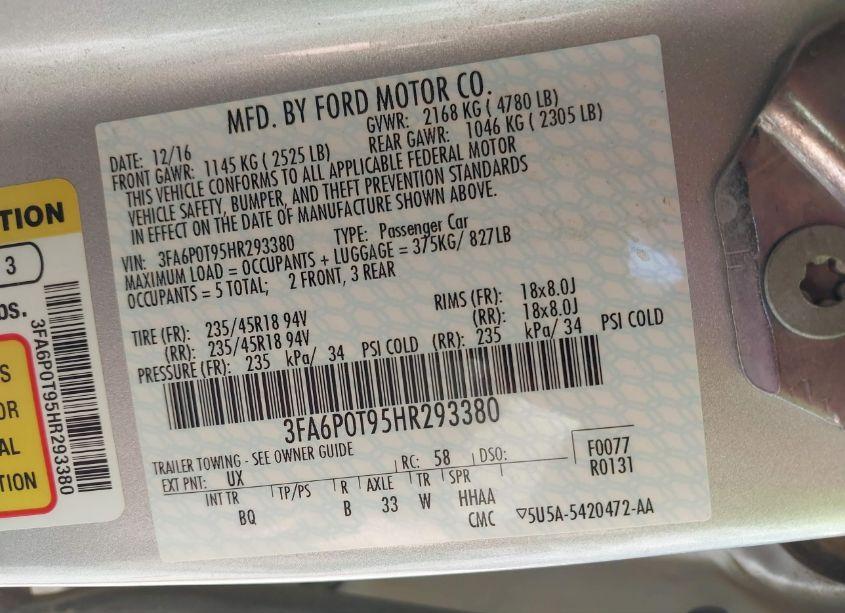 Photo 9 of 2017 Ford Fusion SE (VIN 3FA6P0T95HR293380)