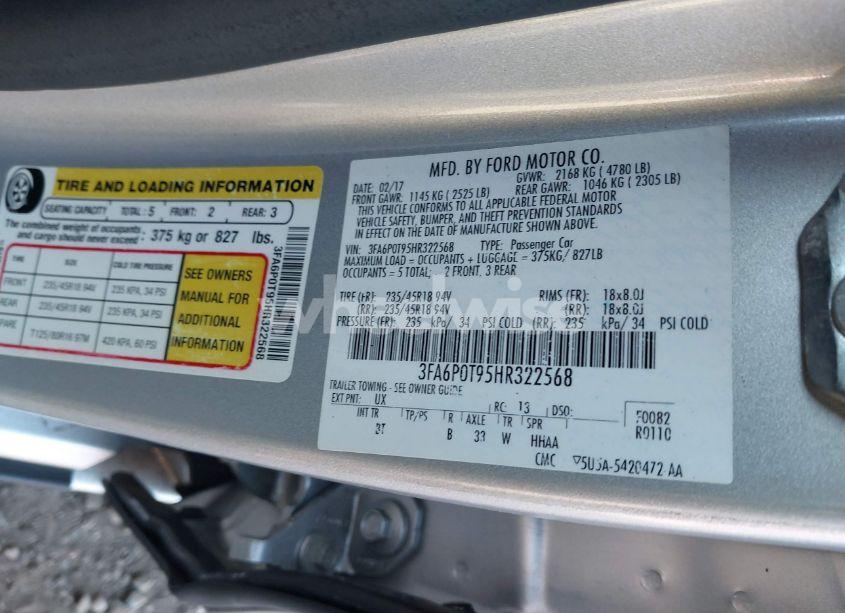 Photo 9 of 2017 Ford Fusion SE (VIN 3FA6P0T95HR322568)