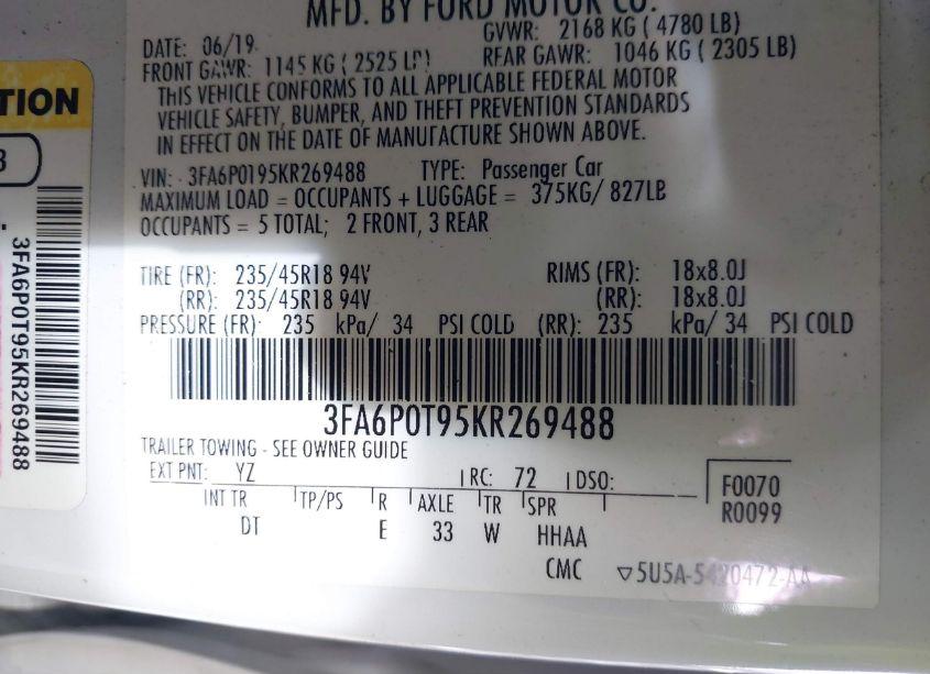 Photo 9 of 2019 Ford Fusion SE (VIN 3FA6P0T95KR269488)