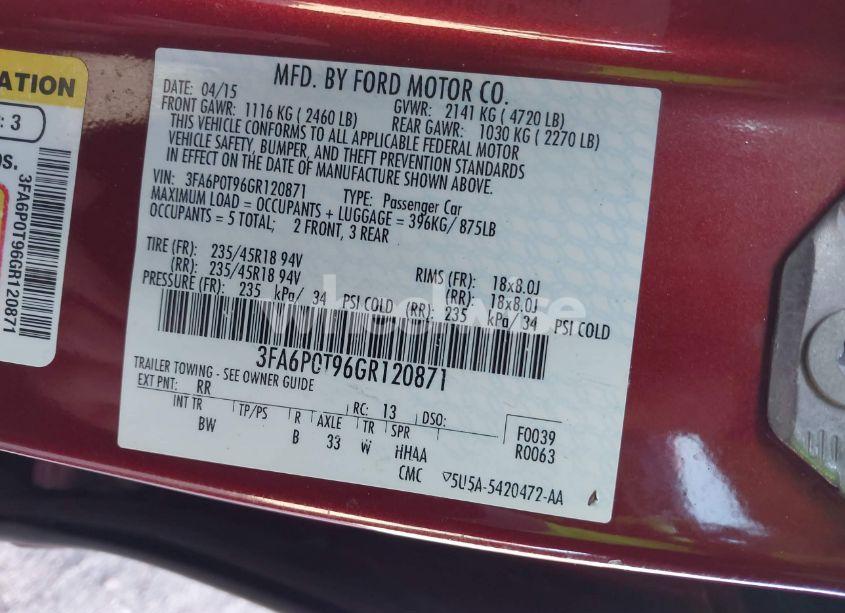 Photo 8 of 2016 Ford Fusion SE (VIN 3FA6P0T96GR120871)