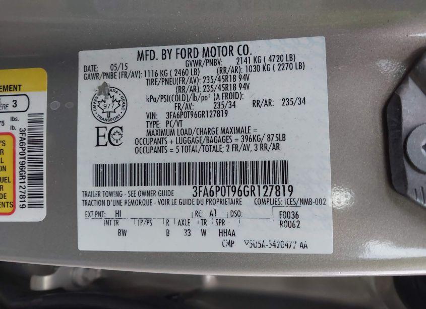 Photo 9 of 2016 Ford Fusion SE (VIN 3FA6P0T96GR127819)