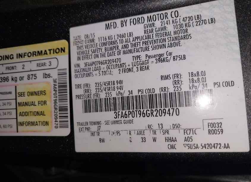 Photo 9 of 2016 Ford Fusion SE (VIN 3FA6P0T96GR209470)