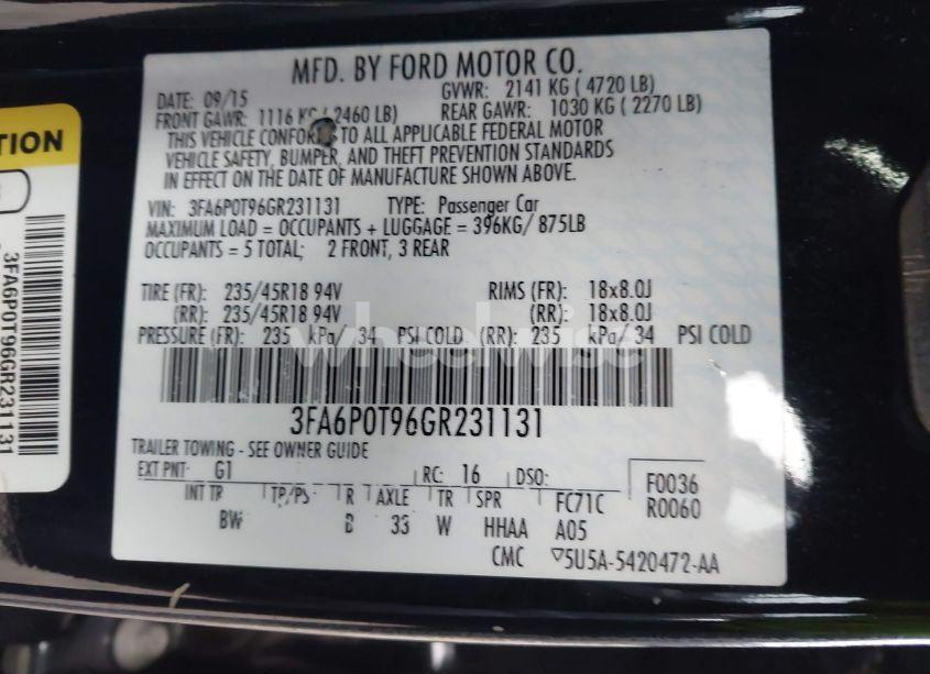 Photo 9 of 2016 Ford Fusion SE (VIN 3FA6P0T96GR231131)