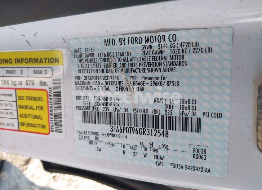 Photo 9 of 2016 Ford Fusion SE (VIN 3FA6P0T96GR312548)