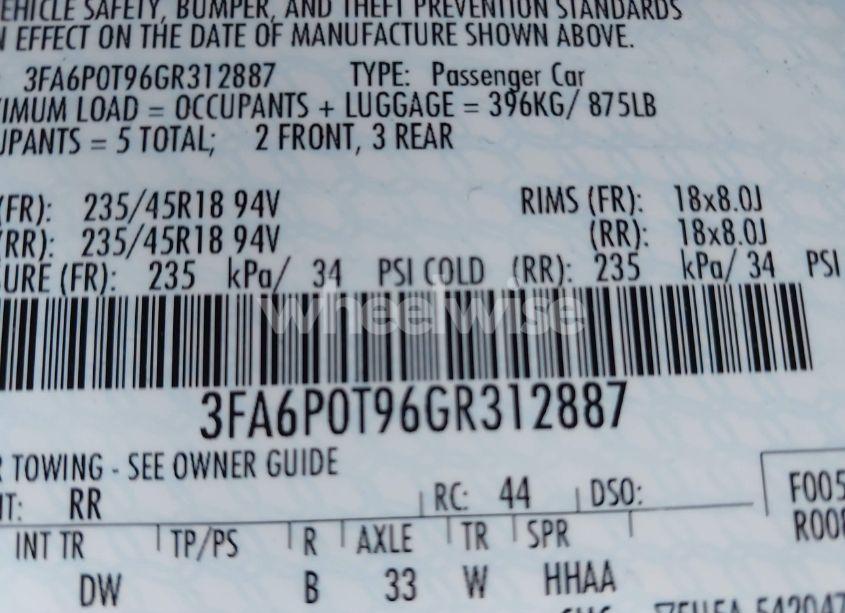 Photo 9 of 2016 Ford Fusion SE (VIN 3FA6P0T96GR312887)