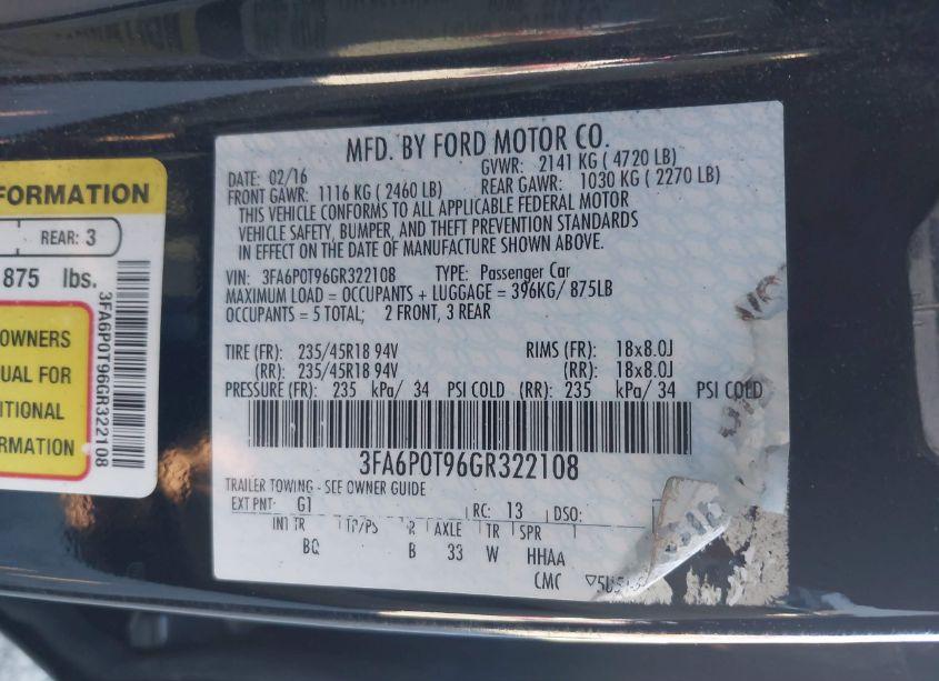 Photo 9 of 2016 Ford Fusion SE (VIN 3FA6P0T96GR322108)