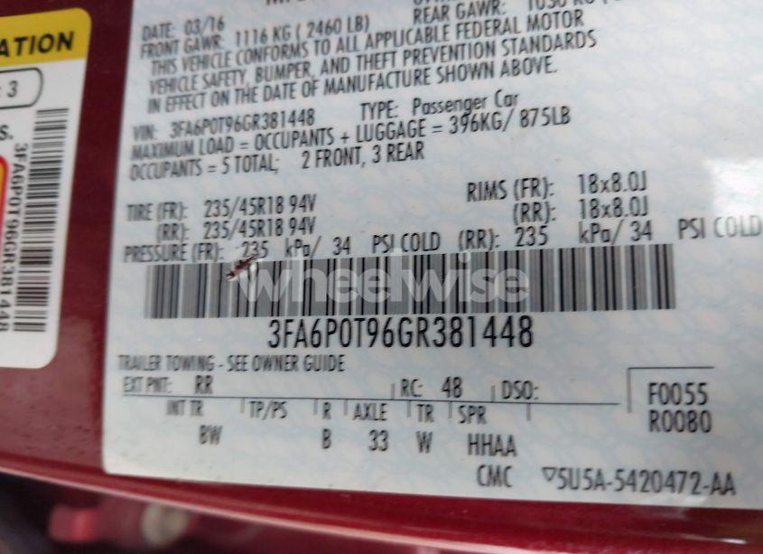 Photo 9 of 2016 Ford Fusion SE (VIN 3FA6P0T96GR381448)