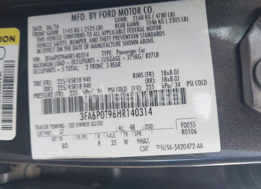 Photo 9 of 2017 Ford Fusion SE (VIN 3FA6P0T96HR140314)