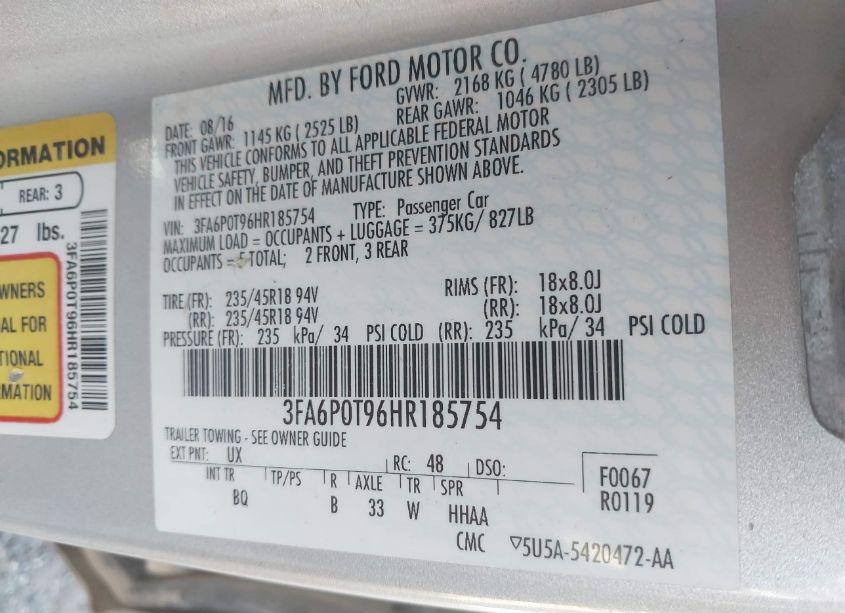 Photo 9 of 2017 Ford Fusion SE (VIN 3FA6P0T96HR185754)