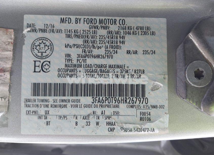 Photo 9 of 2017 Ford Fusion SE (VIN 3FA6P0T96HR267970)