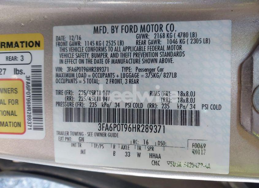 Photo 9 of 2017 Ford Fusion SE (VIN 3FA6P0T96HR289371)