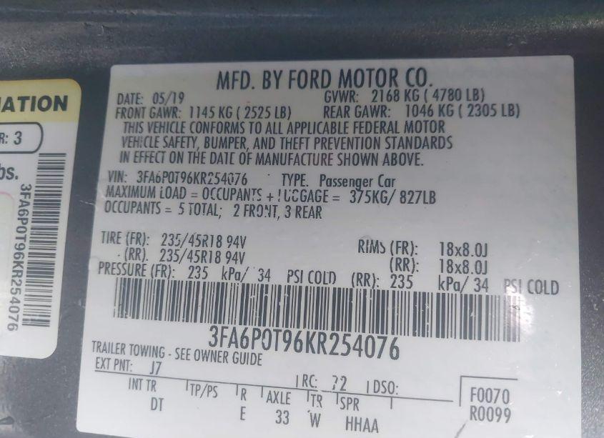 Photo 9 of 2019 Ford Fusion SE (VIN 3FA6P0T96KR254076)