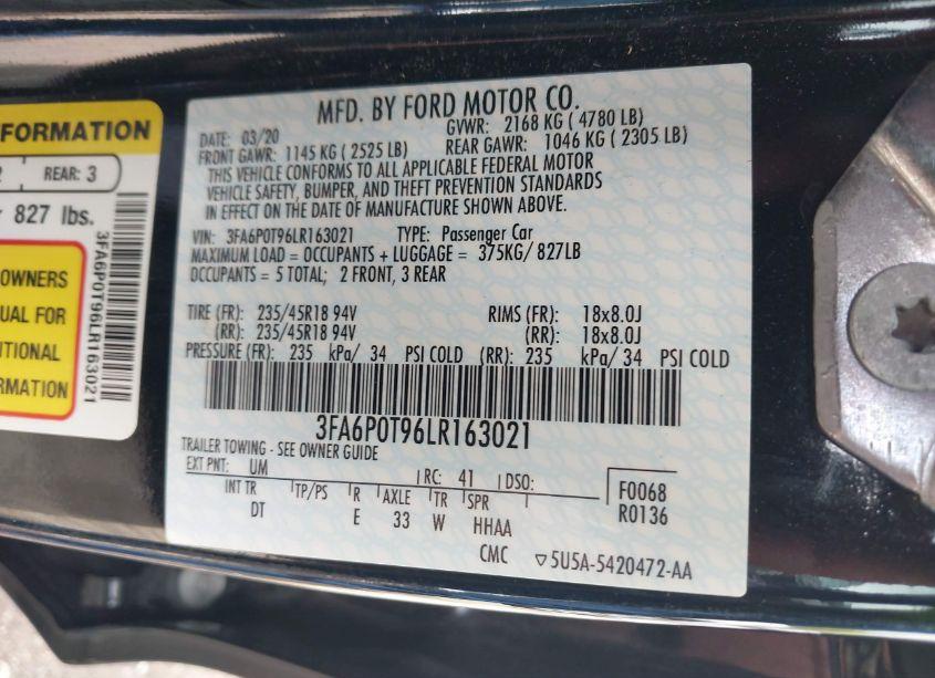 Photo 9 of 2020 Ford Fusion SE (VIN 3FA6P0T96LR163021)