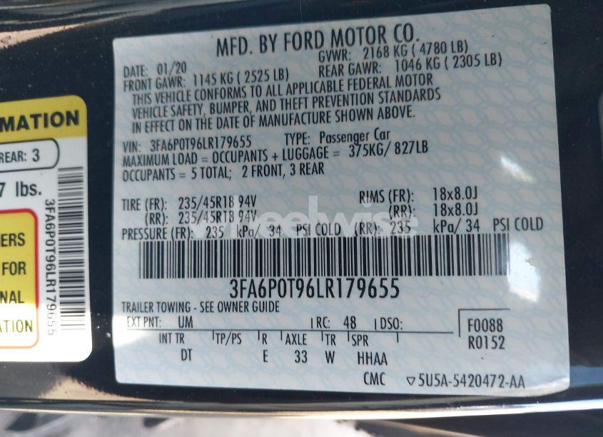 Photo 9 of 2020 Ford Fusion SE (VIN 3FA6P0T96LR179655)