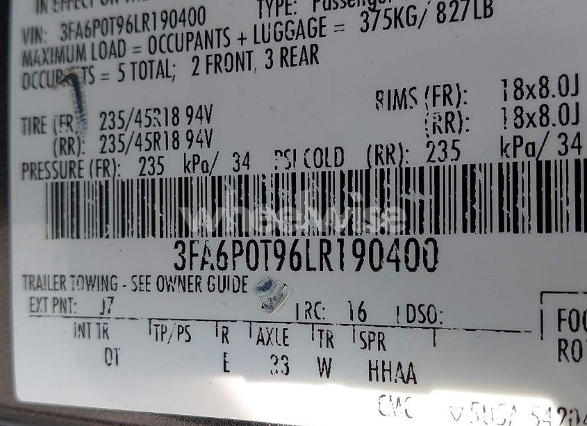 Photo 9 of 2020 Ford Fusion SE (VIN 3FA6P0T96LR190400)