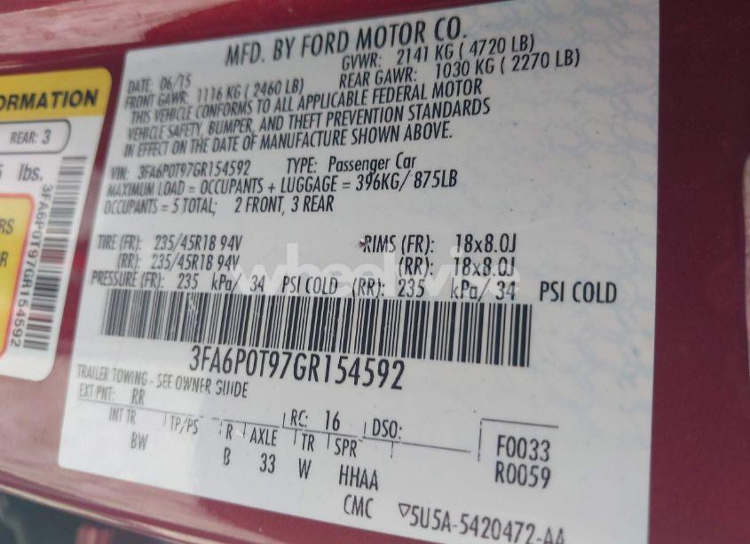 Photo 9 of 2016 Ford Fusion SE (VIN 3FA6P0T97GR154592)