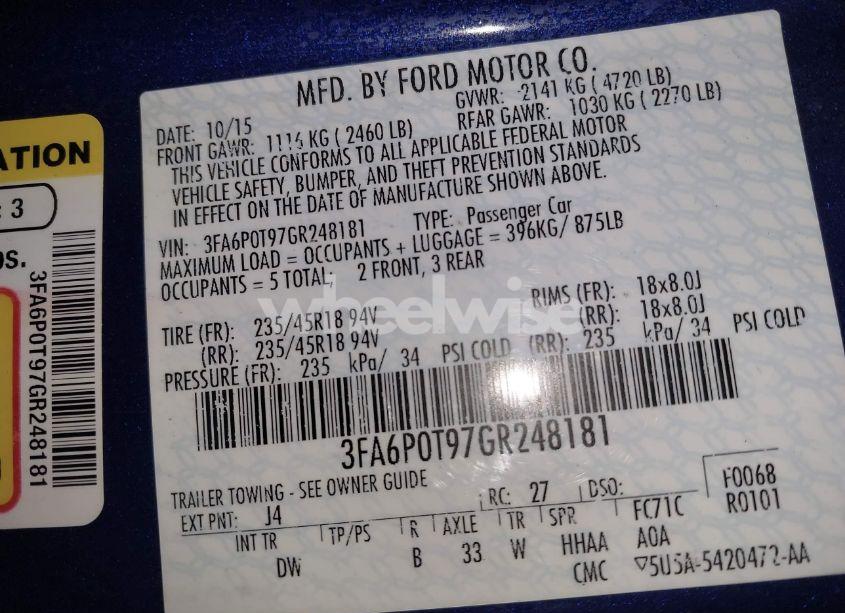 Photo 9 of 2016 Ford Fusion SE (VIN 3FA6P0T97GR248181)