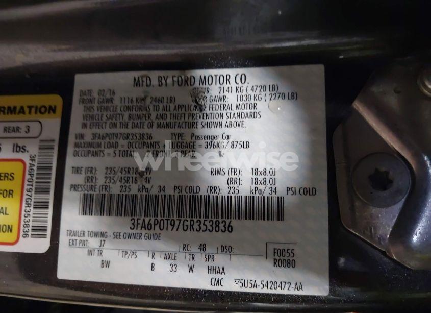 Photo 9 of 2016 Ford Fusion SE (VIN 3FA6P0T97GR353836)