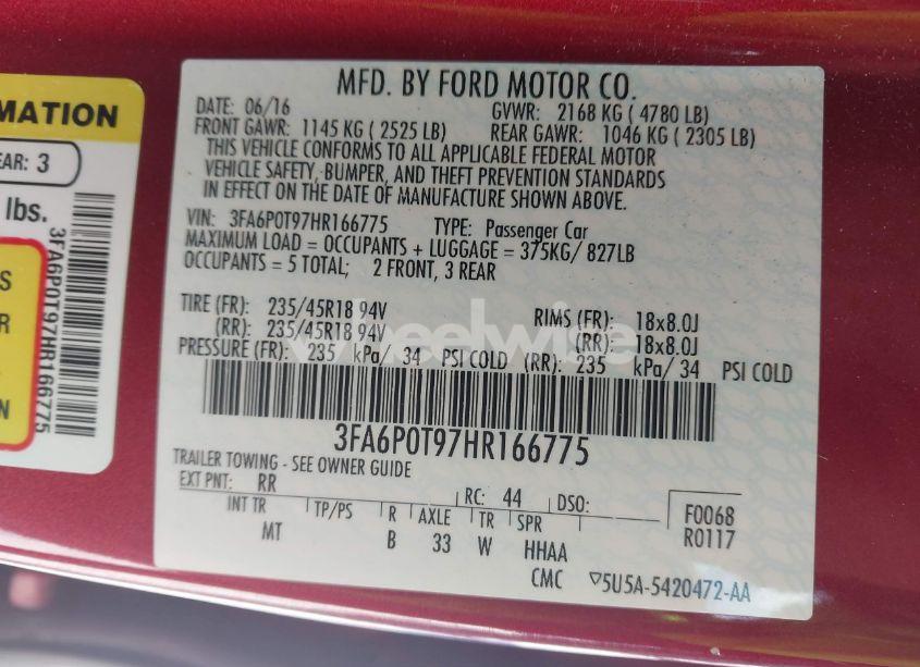 Photo 9 of 2017 Ford Fusion SE (VIN 3FA6P0T97HR166775)