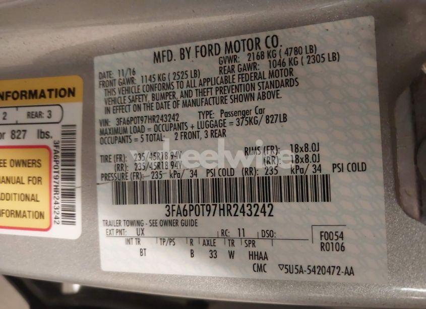 Photo 9 of 2017 Ford Fusion SE (VIN 3FA6P0T97HR243242)