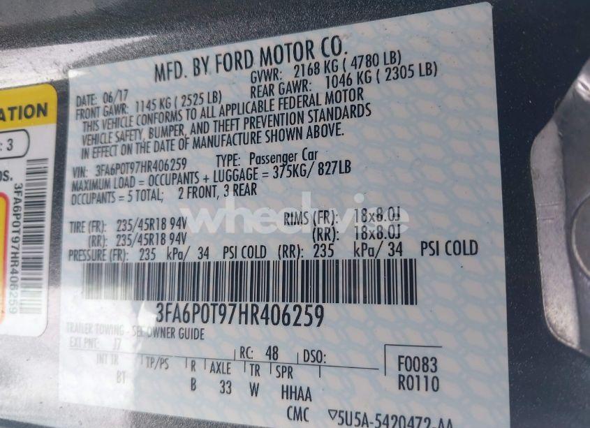 Photo 9 of 2017 Ford Fusion SE (VIN 3FA6P0T97HR406259)