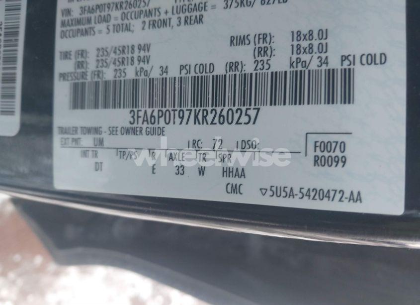 Photo 9 of 2019 Ford Fusion SE (VIN 3FA6P0T97KR260257)