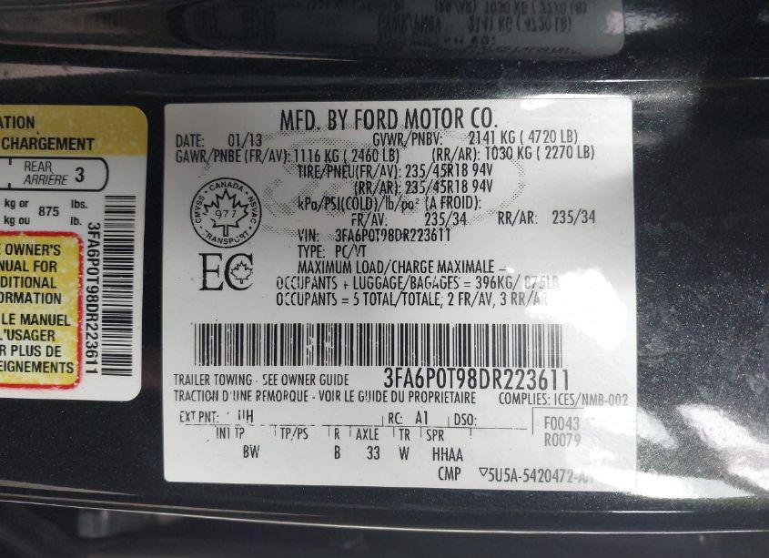 Photo 9 of 2013 Ford Fusion SE (VIN 3FA6P0T98DR223611)