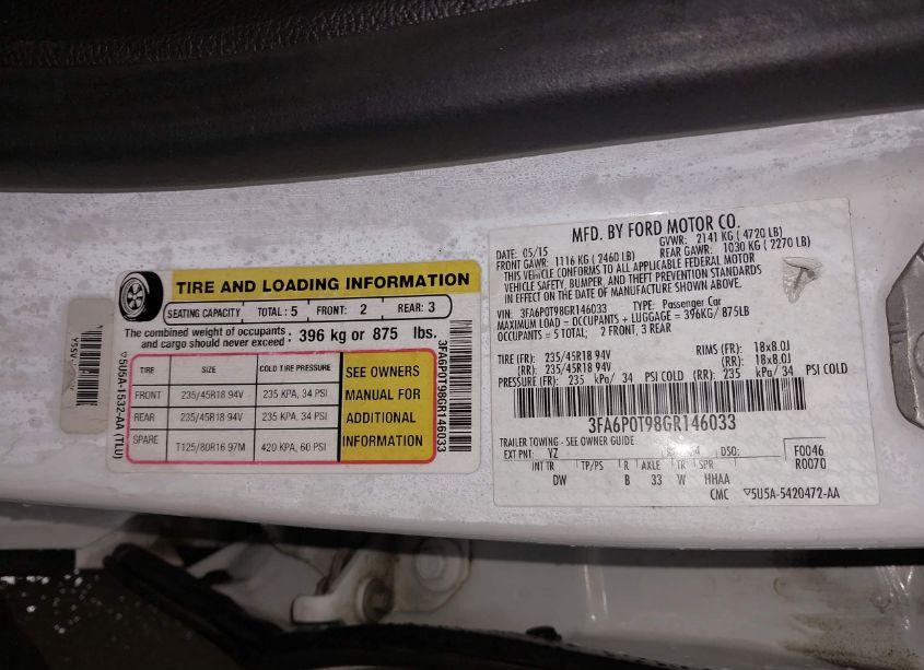 Photo 9 of 2016 Ford Fusion SE (VIN 3FA6P0T98GR146033)