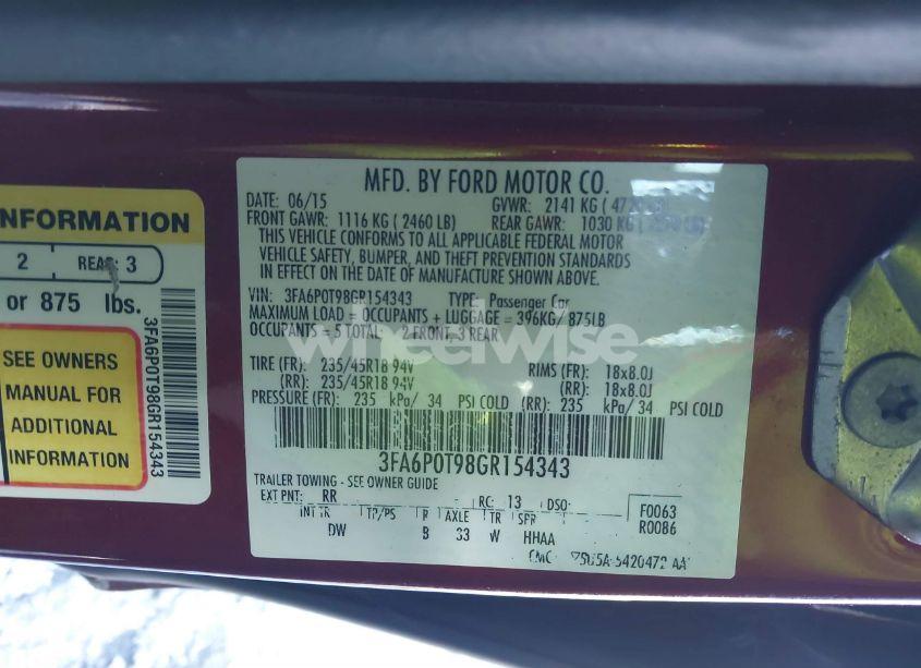 Photo 9 of 2016 Ford Fusion SE (VIN 3FA6P0T98GR154343)