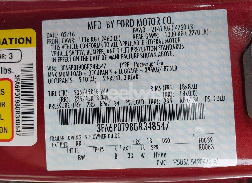 Photo 9 of 2016 Ford Fusion SE (VIN 3FA6P0T98GR348547)
