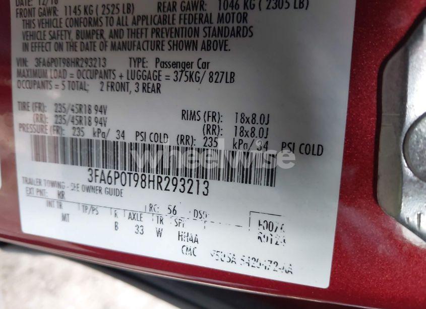 Photo 9 of 2017 Ford Fusion SE (VIN 3FA6P0T98HR293213)