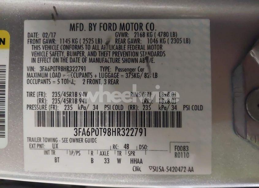 Photo 9 of 2017 Ford Fusion SE (VIN 3FA6P0T98HR322791)